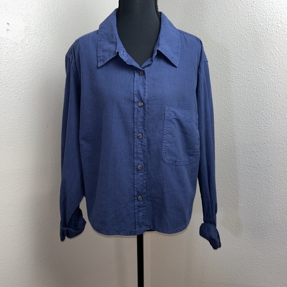 Universal Thread Cropped Long Sleeve Women's 2X Blue Collared Linen Blend Boho